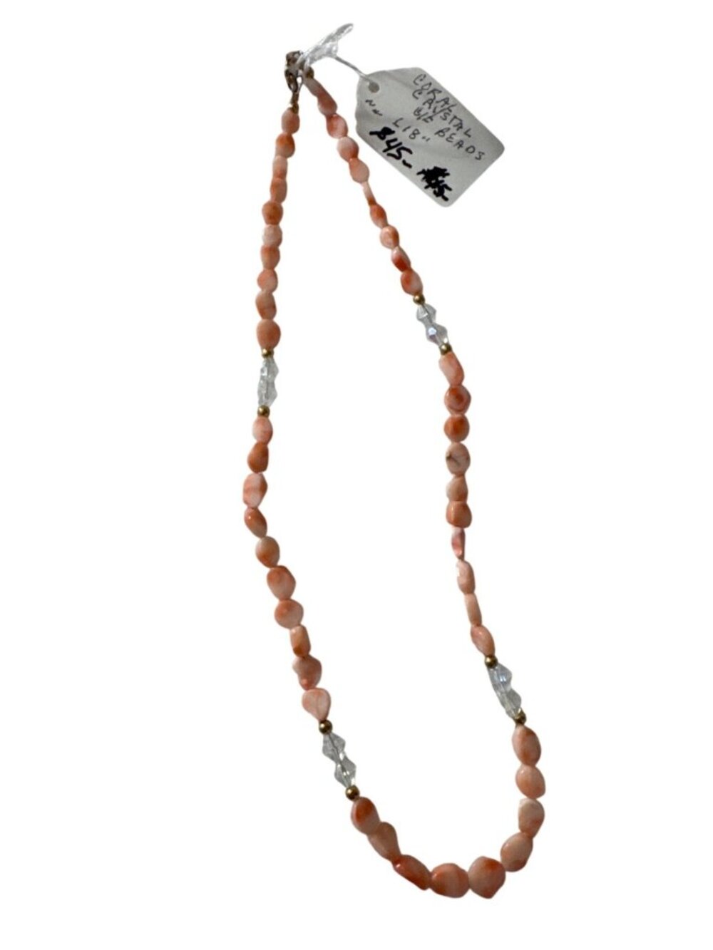 Vintage Coral & Crystal Bead Necklace With Gold Accents 18" Length